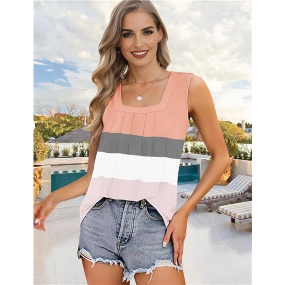 Summer Tank Tops for Women Loose Fit Pleated Square Neck Sleeveless Tops Flowy - Picture 2 of 9